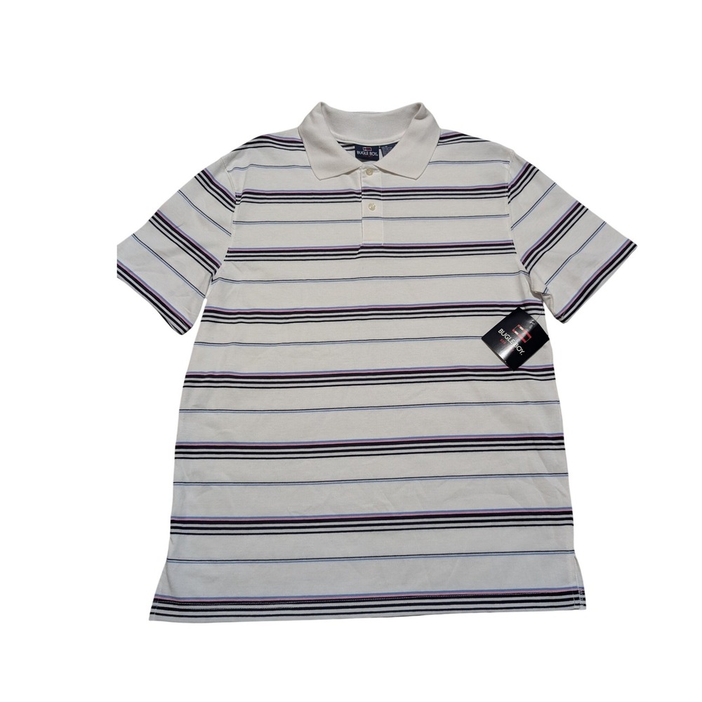 Bugle‎ Boy Polo Shirt Mens Medium White Striped Short Sleeve Cotton Blend Casual